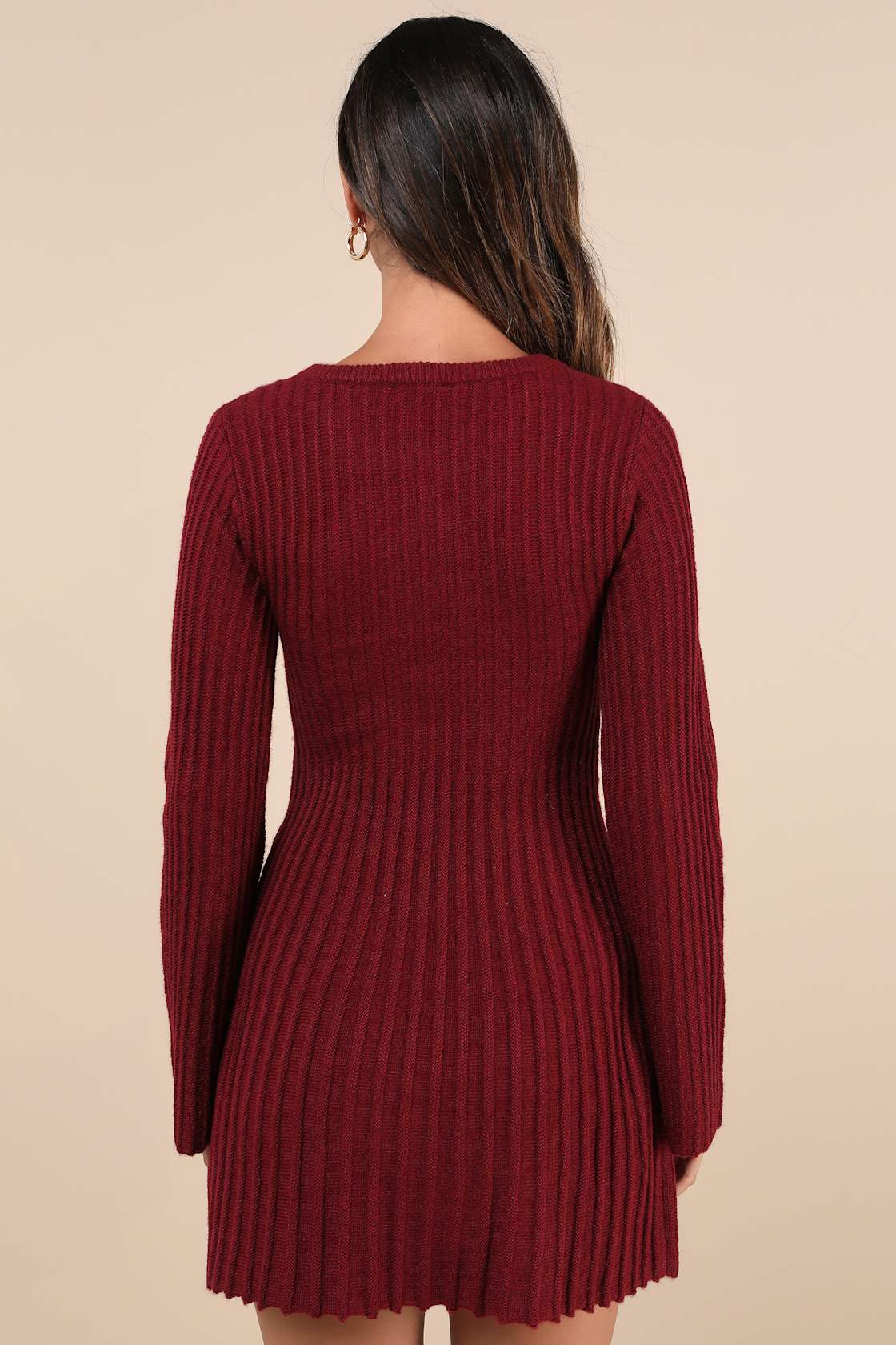 Convincing Poise Burgundy Ribbed Long Sleeve Skater Mini Dress