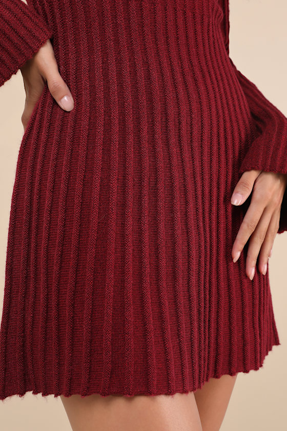 Lulus Convincing Poise Burgundy Ribbed Long Sleeve Skater Mini Dress In Burgundy