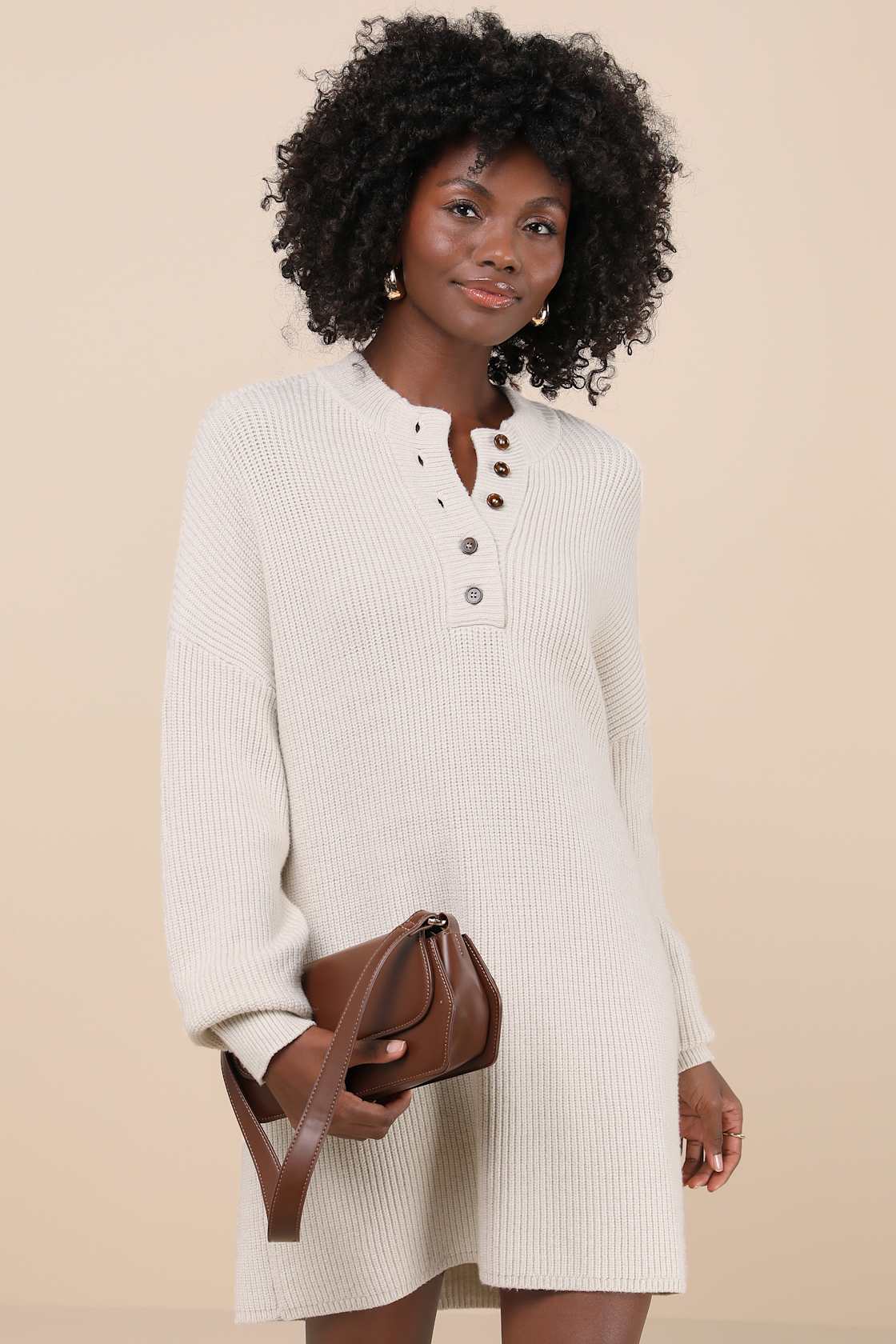 Coveted Coziness Ivory Long Sleeve Henley Sweater Mini Dress