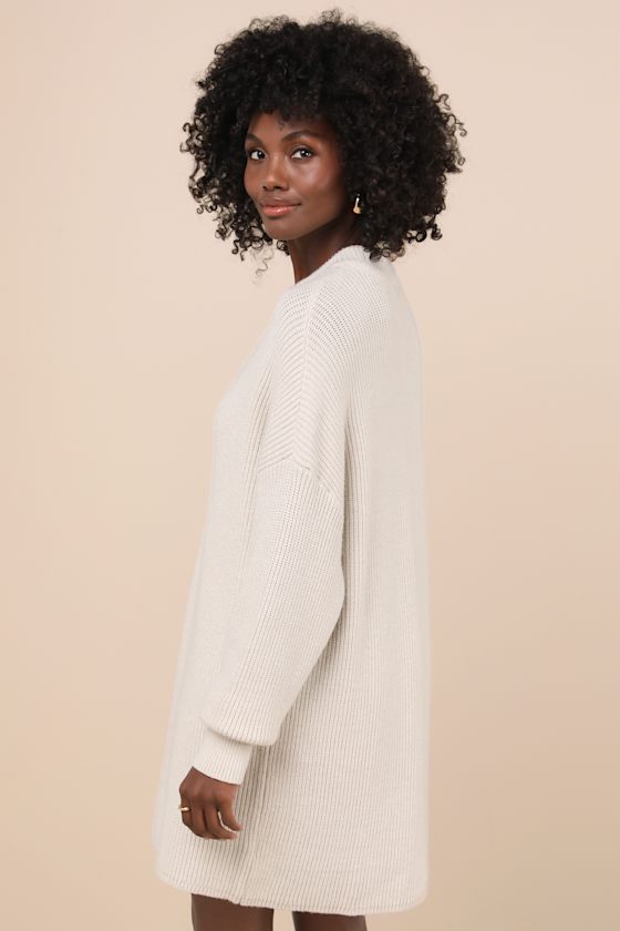 Lulus Coveted Coziness Ivory Long Sleeve Henley Sweater Mini Dress In Ivory
