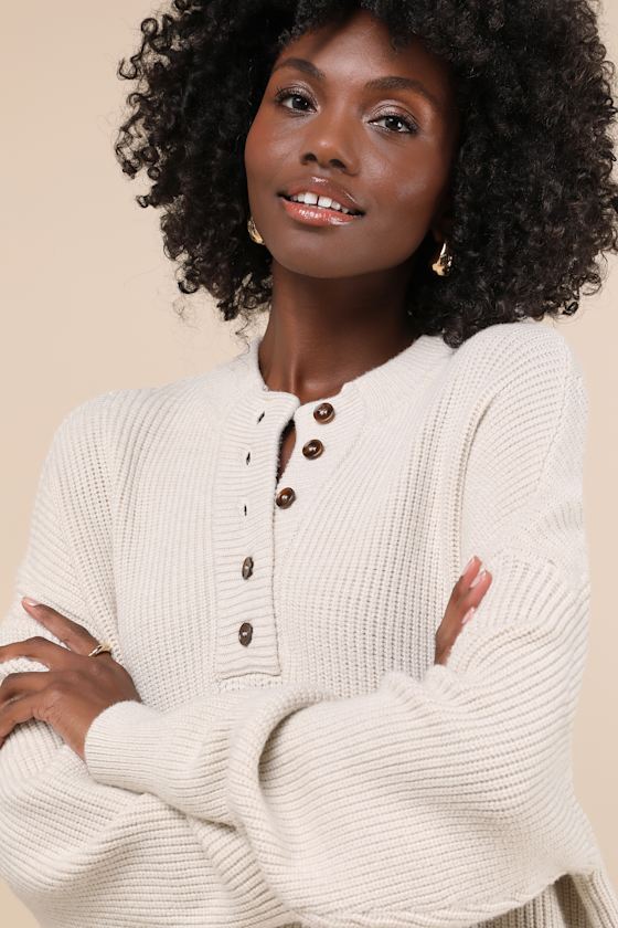 Lulus Coveted Coziness Ivory Long Sleeve Henley Sweater Mini Dress In Ivory