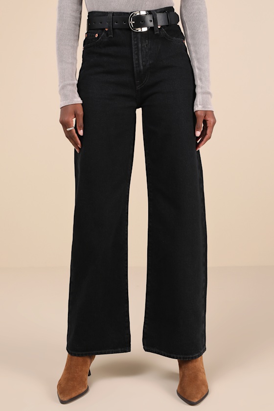 Levi's Ribcage Black Wide-leg High Waisted Denim Jeans In Black