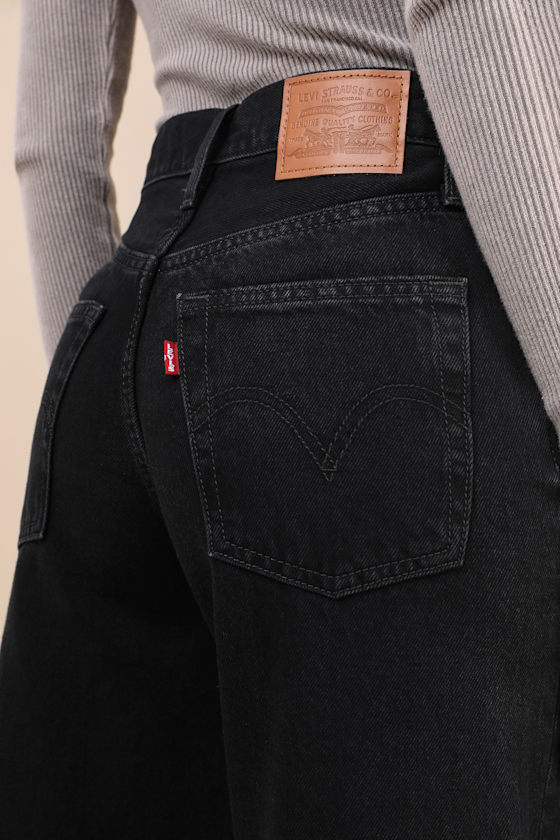 Levi's Ribcage Black Wide-leg High Waisted Denim Jeans In Black