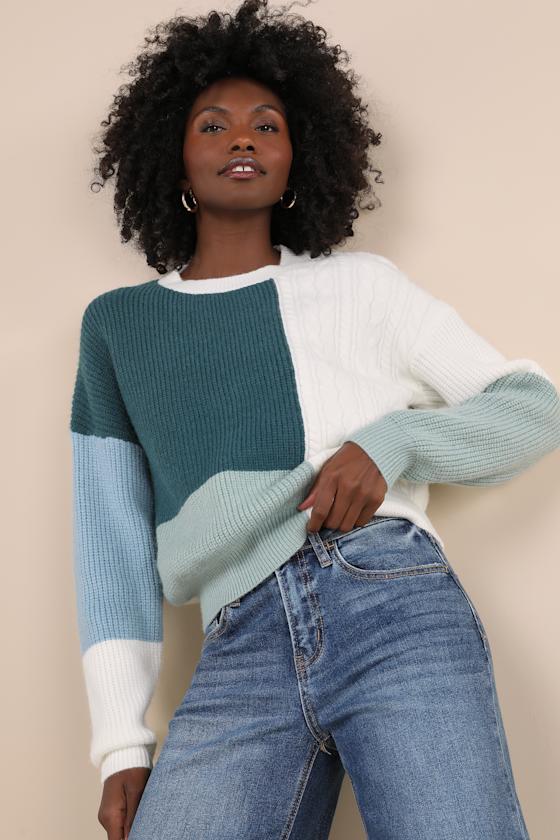 Adorable Expression Teal Multi Color Block Cable Knit Sweater 4