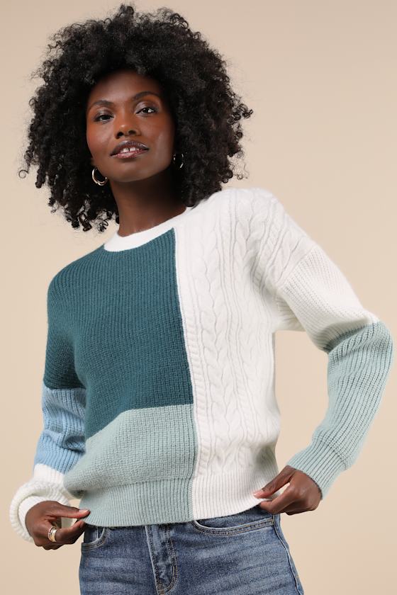 LULUS ADORABLE EXPRESSION TEAL MULTI COLOR BLOCK CABLE KNIT SWEATER 
