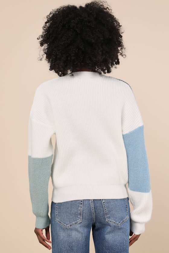 LULUS ADORABLE EXPRESSION TEAL MULTI COLOR BLOCK CABLE KNIT SWEATER 