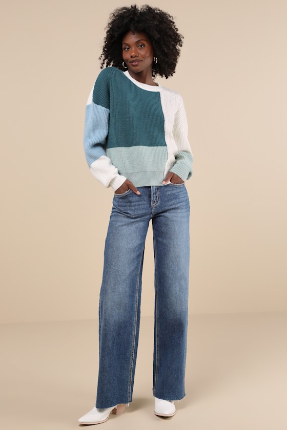 LULUS ADORABLE EXPRESSION TEAL MULTI COLOR BLOCK CABLE KNIT SWEATER 