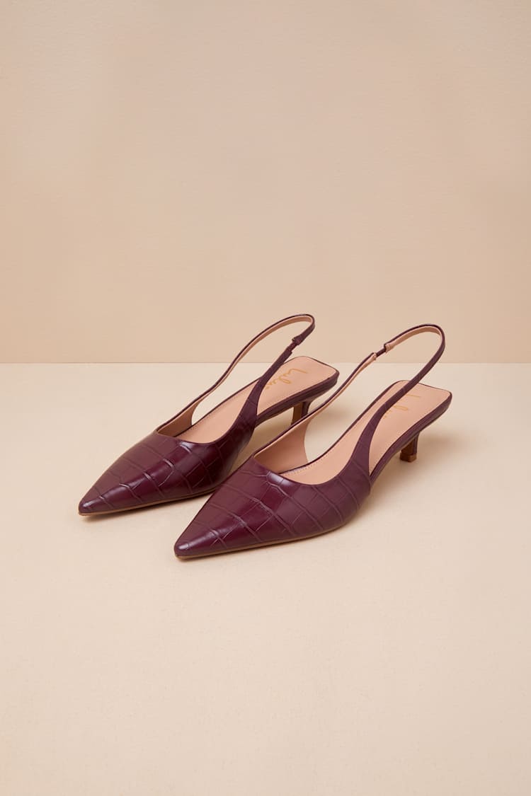 Burgundy Kitten Heels - Croc-Embossed Pumps - Slingback Pumps - Lulus