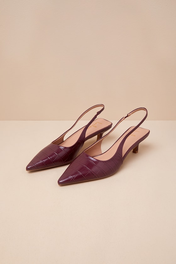 Boden Burgundy Croc-Embossed Kitten Heel Slingback Pumps 1