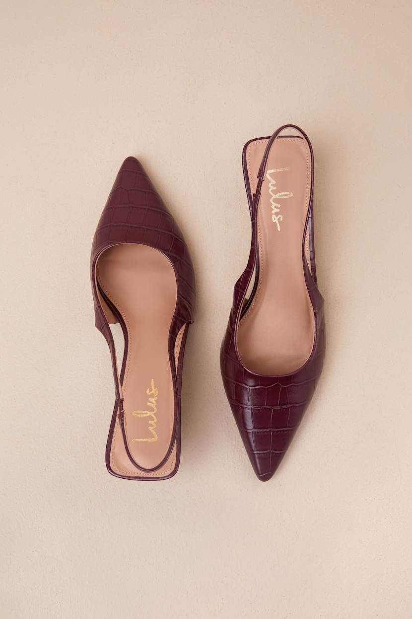 Burgundy Kitten Heels - Croc-Embossed Pumps - Slingback Pumps - Lulus