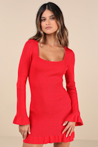 Cozy Outlook Red Long Sleeve Sweater Mini Dress 3