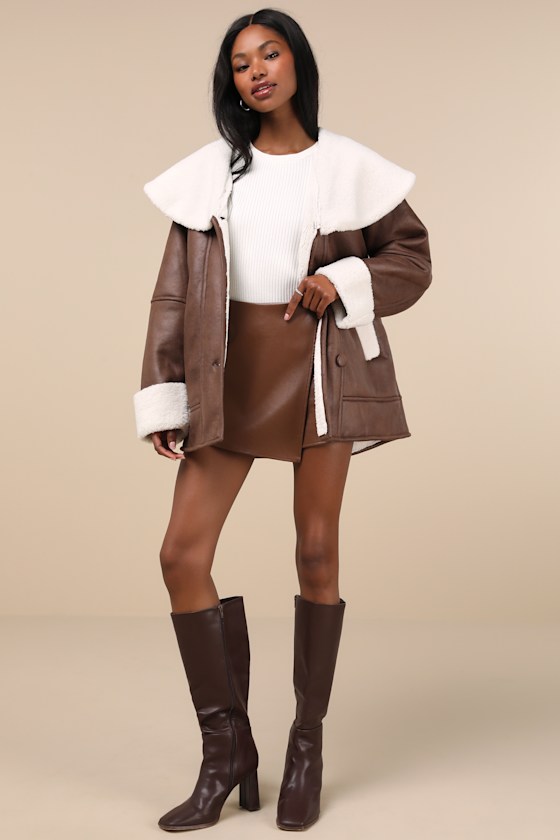 The Frolic Paris Brown And White Oversized Shearling Jacket In White