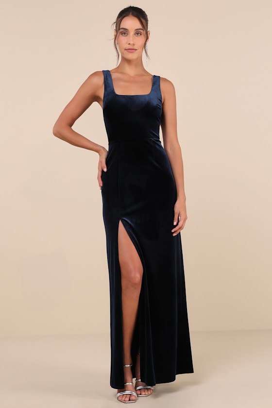 Lulus Elegant Sweetie Dark Navy Velvet Square Neck Maxi Dress