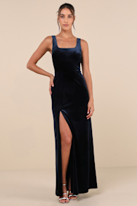 Elegant Sweetie Dark Navy Velvet Square Neck Maxi Dress 5