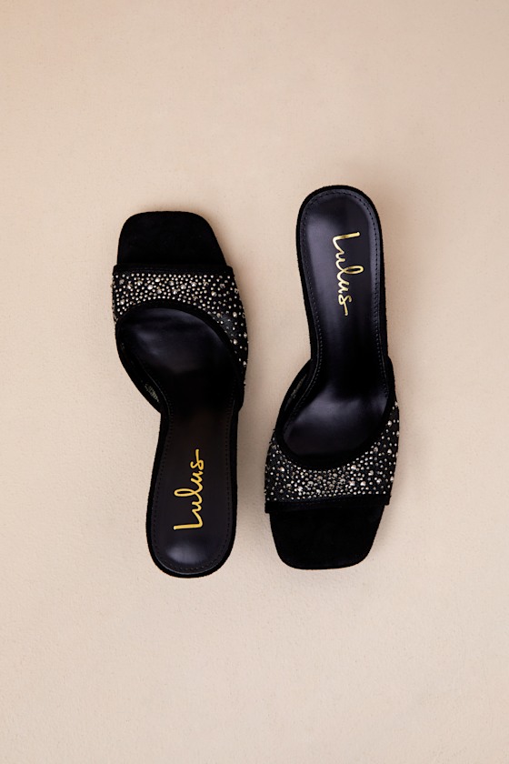 Lulus Delannie Black Suede Mesh Rhinestone High Heel Slide Sandals In Black