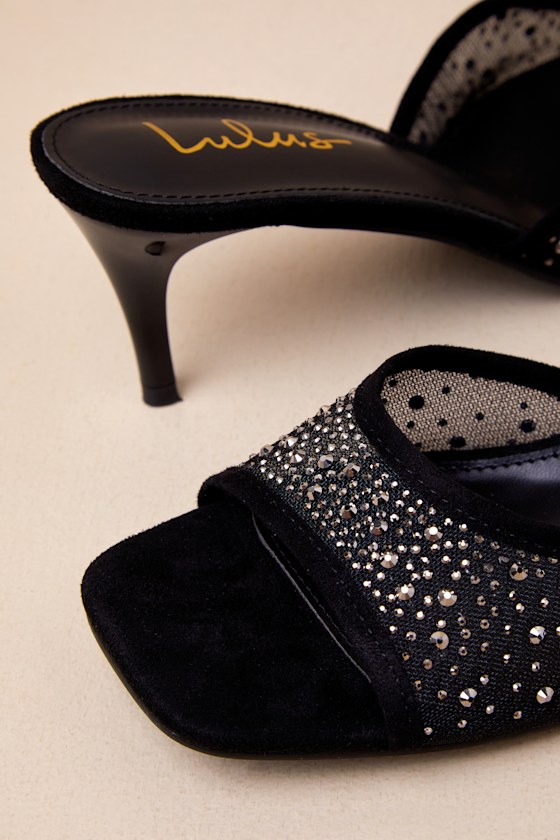 Lulus Delannie Black Suede Mesh Rhinestone High Heel Slide Sandals In Black