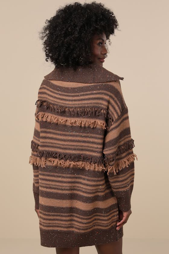 Lulus Ultimate Coziness Brown Striped Quarter-zip Sweater Mini Dress In Brown