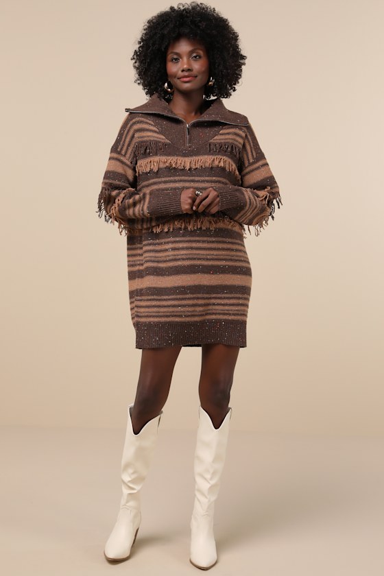 Lulus Ultimate Coziness Brown Striped Quarter-zip Sweater Mini Dress