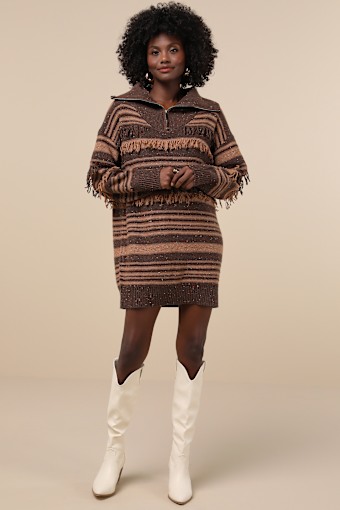 Ultimate Coziness Brown Striped Quarter-Zip Sweater Mini Dress 4
