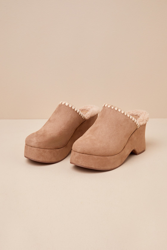 Lulus Remeena Mushroom Suede Platform Clogs In Taupe