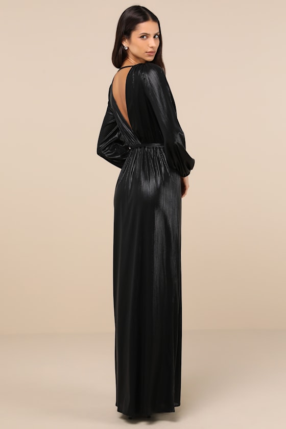 Lulus Extra Aesthetic Black Shiny Long Sleeve Surplice Maxi Dress In Black