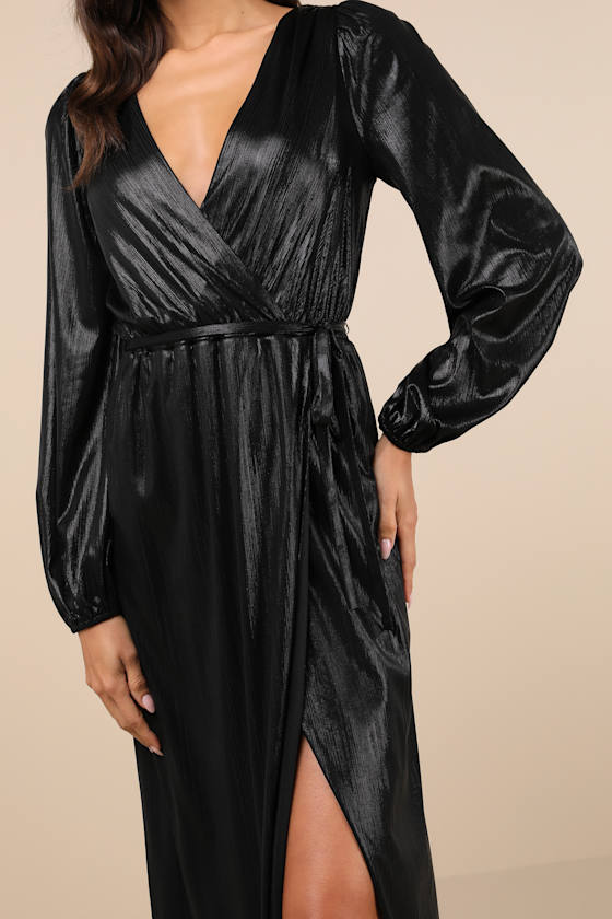 Lulus Extra Aesthetic Black Shiny Long Sleeve Surplice Maxi Dress In Black
