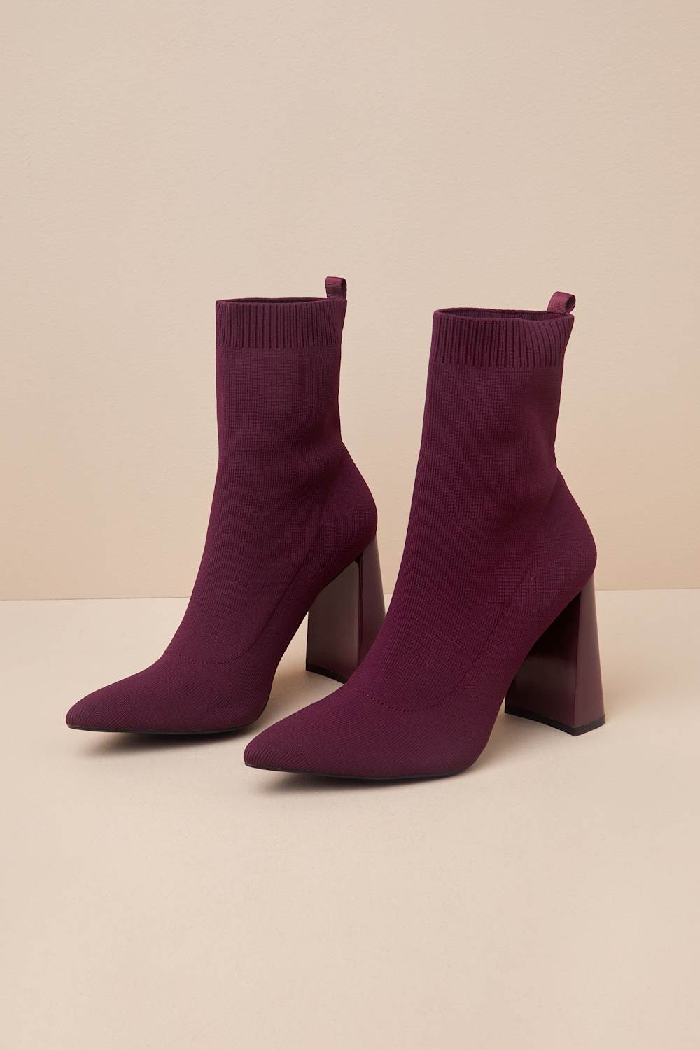 Feliciaa Wine Ribbed Knit Pointed-Toe Sock Boots