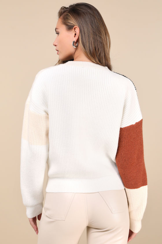 LULUS ADORABLE EXPRESSION BLACK MULTI COLOR BLOCK CABLE KNIT SWEATER 