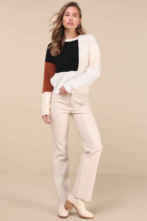 LULUS ADORABLE EXPRESSION BLACK MULTI COLOR BLOCK CABLE KNIT SWEATER 