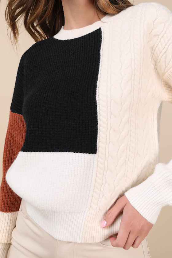 LULUS ADORABLE EXPRESSION BLACK MULTI COLOR BLOCK CABLE KNIT SWEATER 