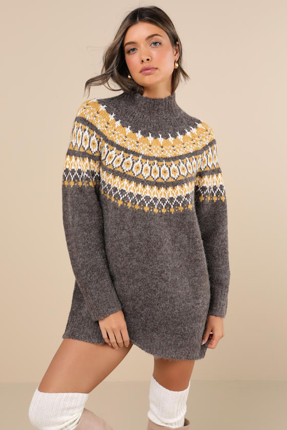 Image of Wintertime Comfort Charcoal Fair Isle Sweater Mini Dress