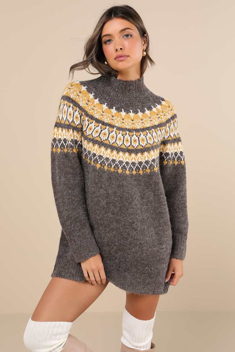 Wintertime Comfort Charcoal Fair Isle Sweater Mini Dress