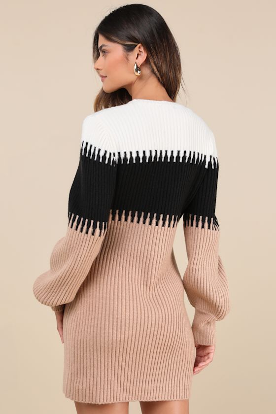 Lulus Comforting Cuteness Beige Color Block Ribbed Sweater Mini Dress In Beige