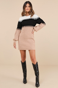 Comforting Cuteness Beige Color Block Ribbed Sweater Mini Dress 3