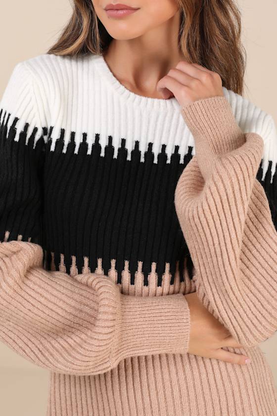 Lulus Comforting Cuteness Beige Color Block Ribbed Sweater Mini Dress In Beige