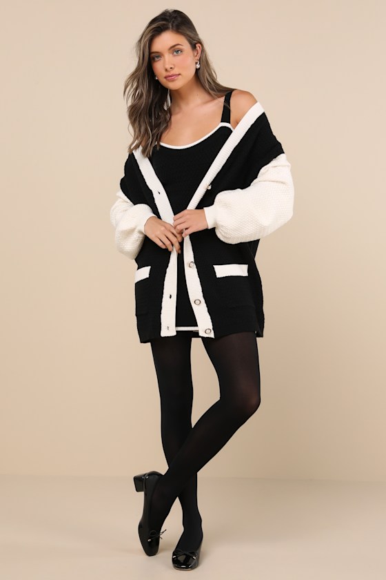 Black and Ivory Dress Set - Dress & Cardigan Set - Sweater