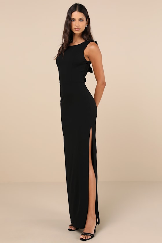 Lulus Perfected Poise Black Bow Cutout Column Maxi Dress In Black