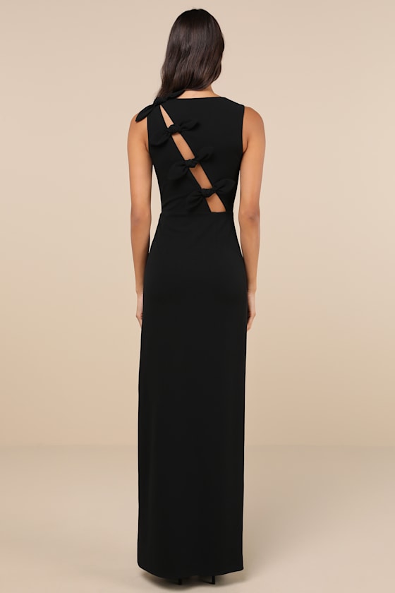 Lulus Perfected Poise Black Bow Cutout Column Maxi Dress In Black
