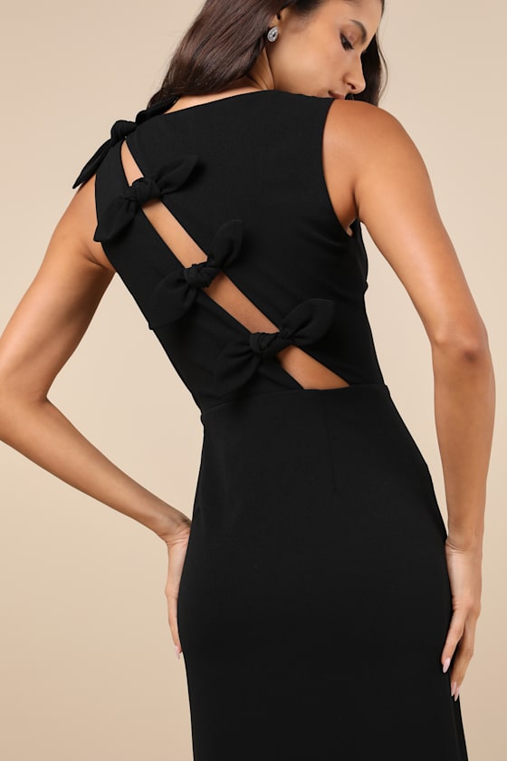 Lulus Perfected Poise Black Bow Cutout Column Maxi Dress In Black