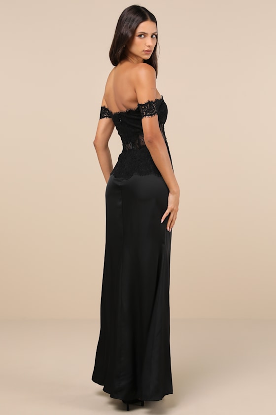 Lulus Exceptionally Exquisite Black Lace Off-the-shoulder Maxi Dress In Black