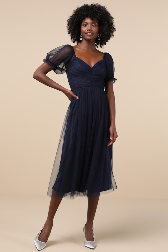 Lulus Glorious Chicness Navy Tulle Pleated Puff Sleeve Midi Dress In Navy