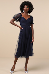 Glorious Chicness Navy Tulle Pleated Puff Sleeve Midi Dress