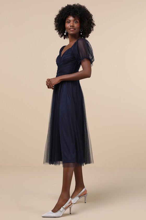Lulus Glorious Chicness Navy Tulle Pleated Puff Sleeve Midi Dress In Navy