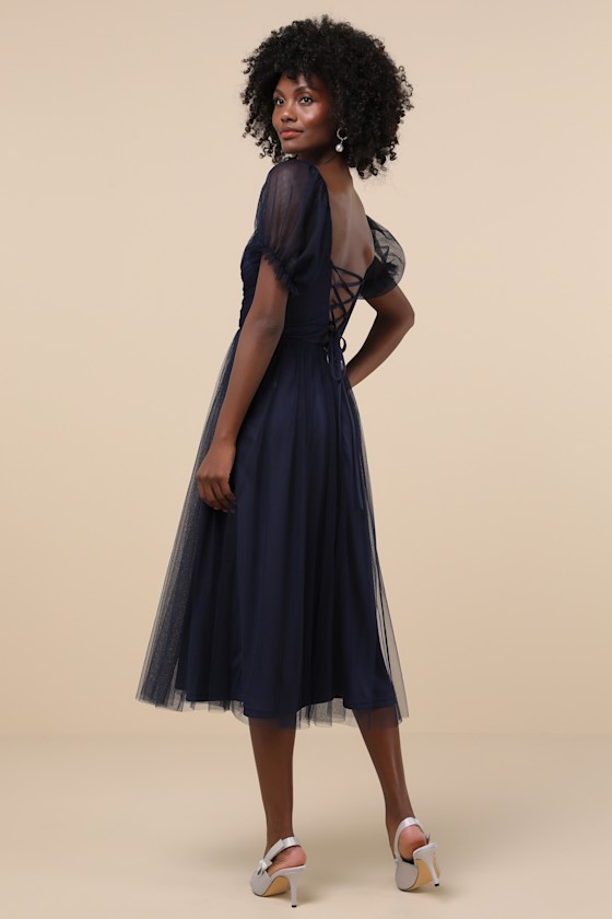 Glorious Chicness Navy Tulle Pleated Puff Sleeve Midi Dress 4