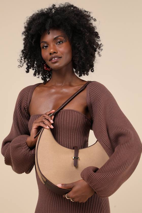 Brown Woven Bag - Crescent Shoulder Bag - Trimmed Shoulder
