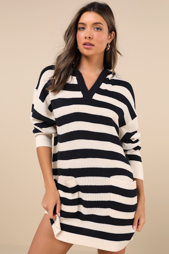 Lulus Cuddled Up Days Ivory And Navy Striped Hooded Mini Sweater Dress
