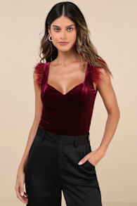 Fabulous Vibe Plum Velvet Feather Sleeveless Bodysuit 3