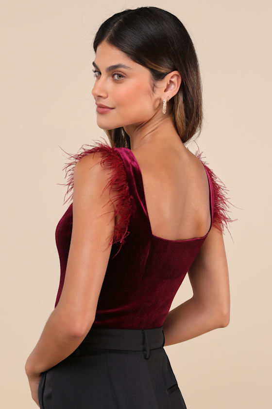 Lulus Fabulous Vibe Plum Velvet Feather Sleeveless Bodysuit In Purple