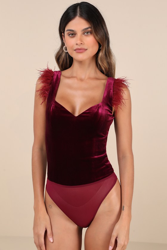 Lulus Fabulous Vibe Plum Velvet Feather Sleeveless Bodysuit In Purple