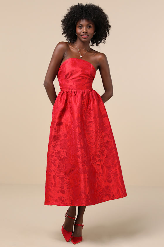 Picturesque Icon Red Jacquard Lace-Up Strapless Midi Dress 2